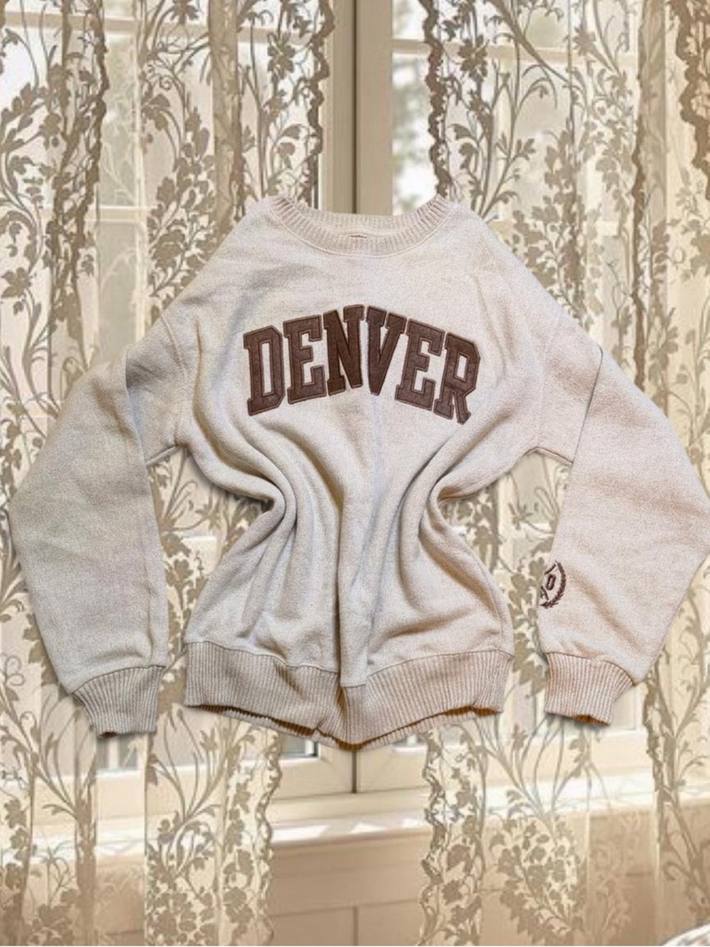 Cozy Cottagecore Oversized Cream Denver Embroidered Fuzzy Sweatshirt
